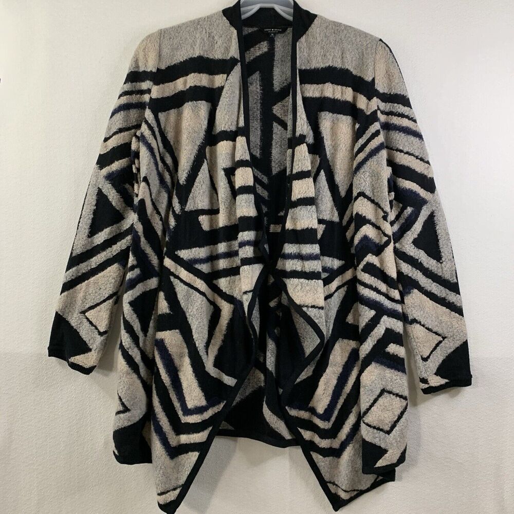 Lucky Brand Sweater Women M Black Blue Geometric Aztec Draped Cozy Outdoor Cabin
